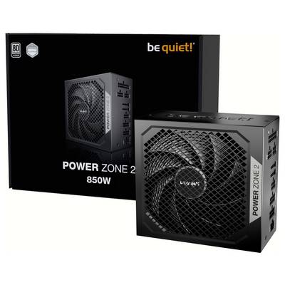 Bloc d'alimentation « Be Quiet! Power Zone 2 » de 850W. Sur un fond noir avec l'emballage et une image du produit.