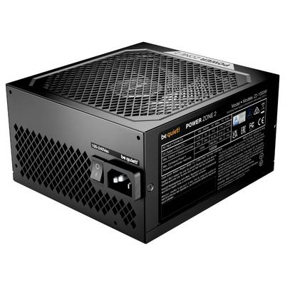 Bloc d'alimentation noir pour ordinateur avec grille de ventilation en haut et étiquette technique sur le côté, interrupteur et connecteurs à l'arrière.