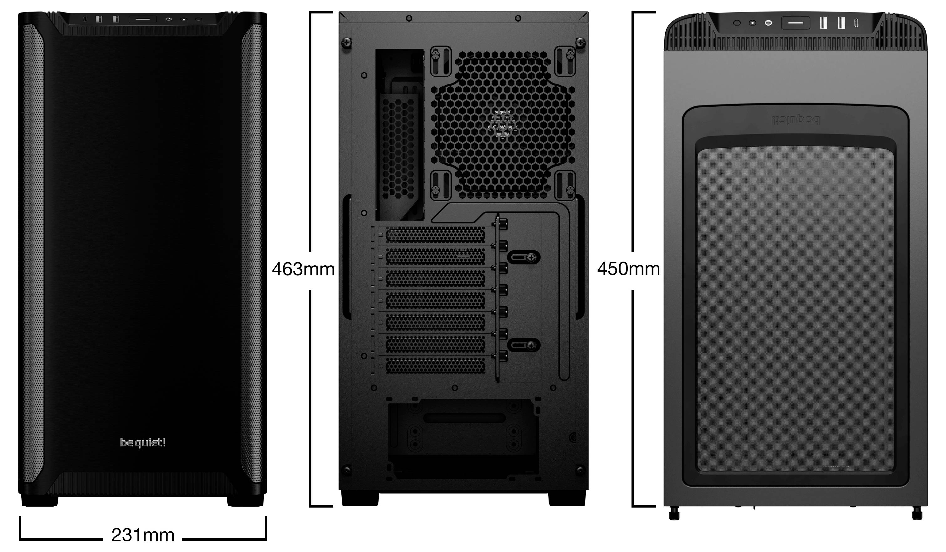 Boîtier PC vu de l'avant, de l'arrière et du dessus. Dimensions : 231 mm de largeur, 450 mm de profondeur, 463 mm de hauteur. Logo du fabricant en bas de la face avant.