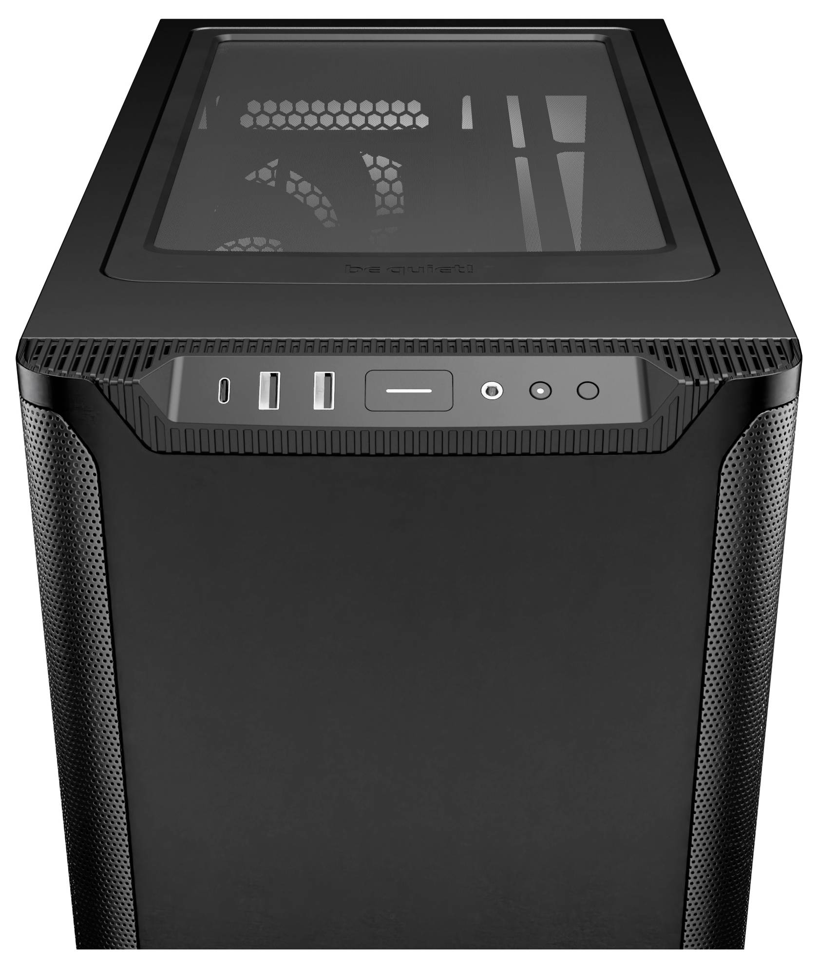 Boîtier d'ordinateur noir avec un panneau supérieur transparent et des ports frontaux. Design épuré, adapté à une utilisation polyvalente.