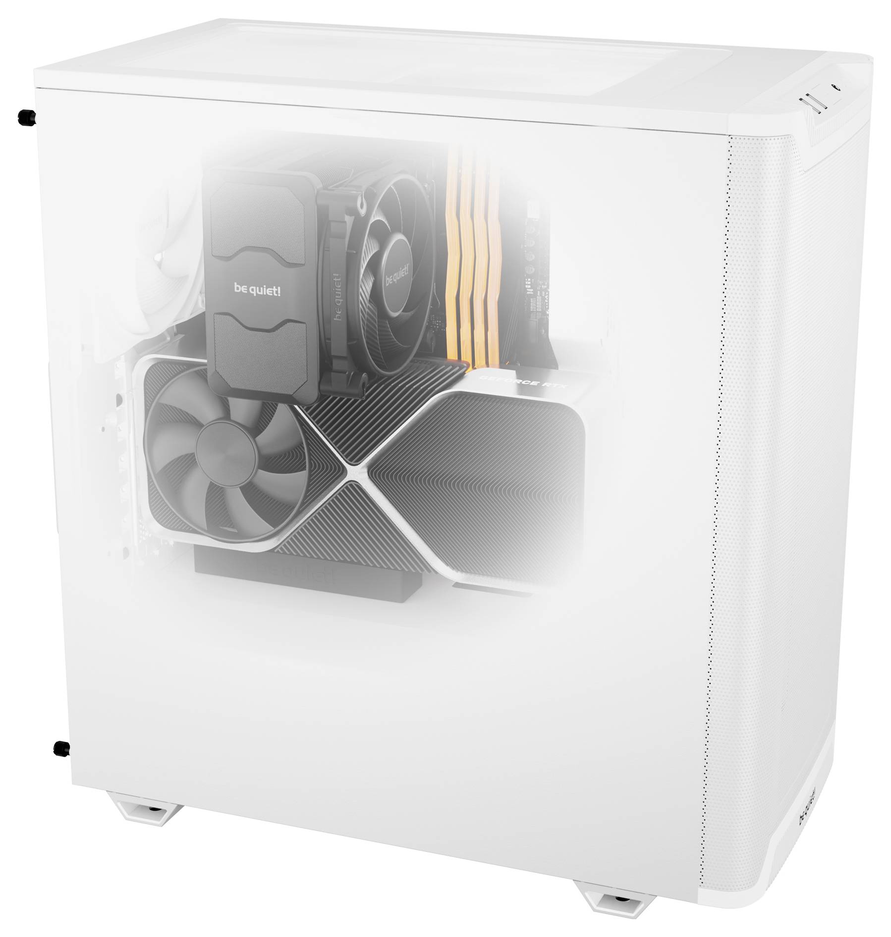 Boîtier d'ordinateur blanc avec fenêtre transparente, révélant le système de refroidissement et les composants matériels tels que le ventirad de processeur et la carte graphique.