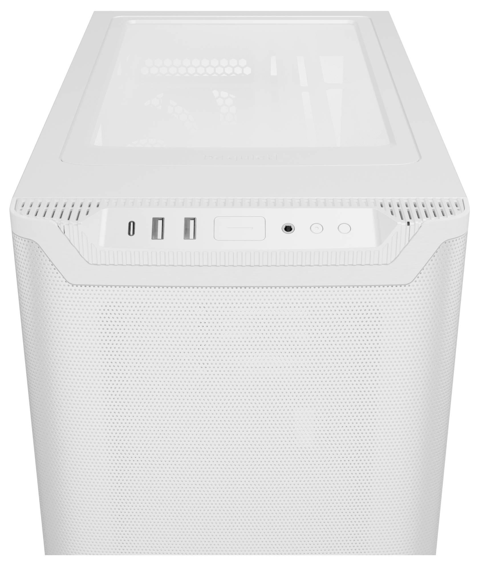 Un boîtier d'ordinateur blanc vu de dessus, avec des ports USB, une prise audio et un bouton marche/arrêt sur la façade avant.