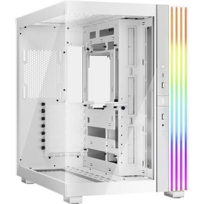 Un boîtier d'ordinateur blanc avec un panneau vitré et des bandes lumineuses RGB verticales sur la façade, vide et ouvert pour l'assemblage.
