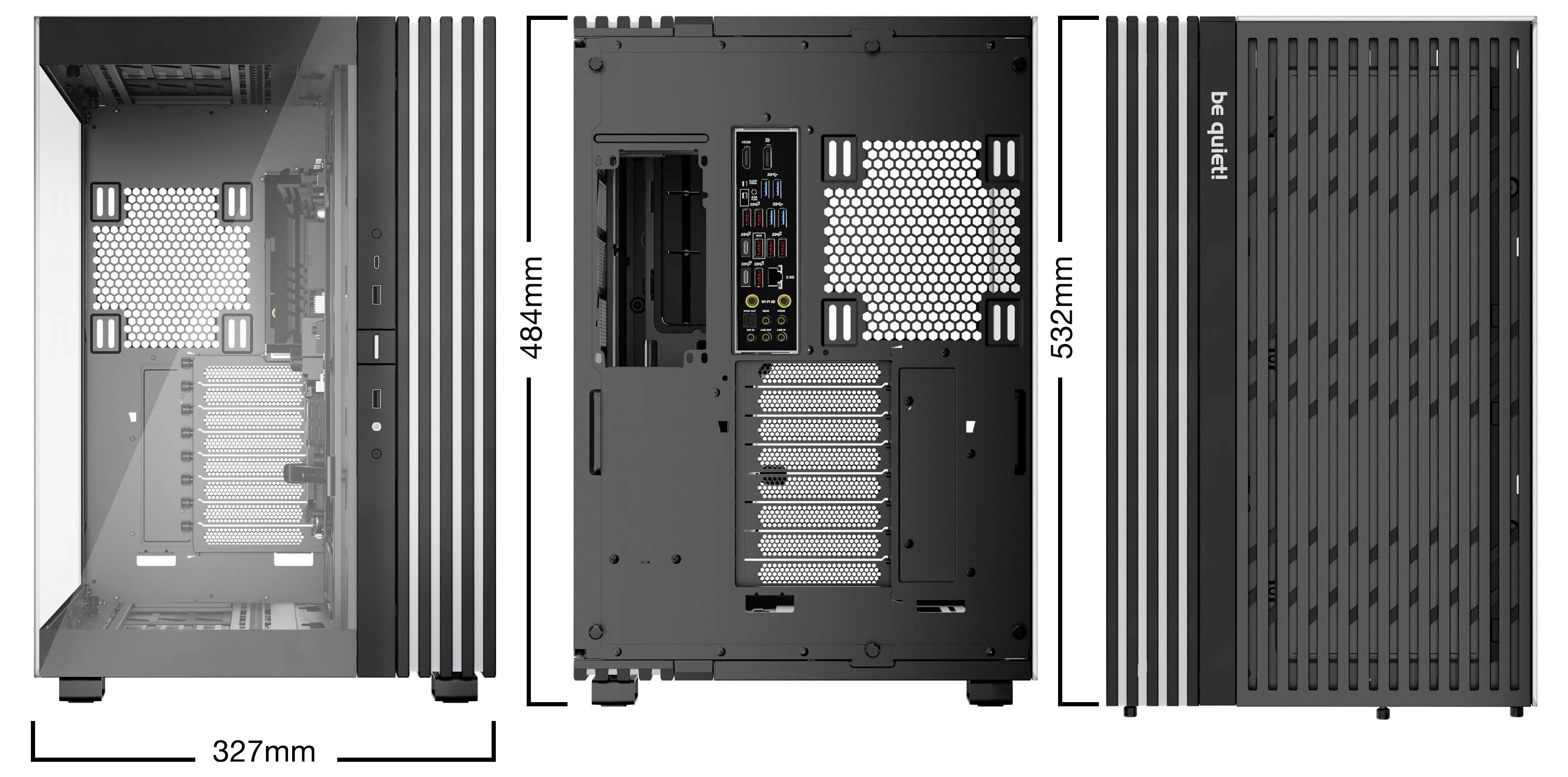 'Boîtier PC en trois vues : vue latérale avec espace intérieur, vue arrière avec connexions, vue avant avec fentes de ventilation. Dimensions : 327 mm de profondeur, 484 mm de hauteur, 532 mm de longueur.'