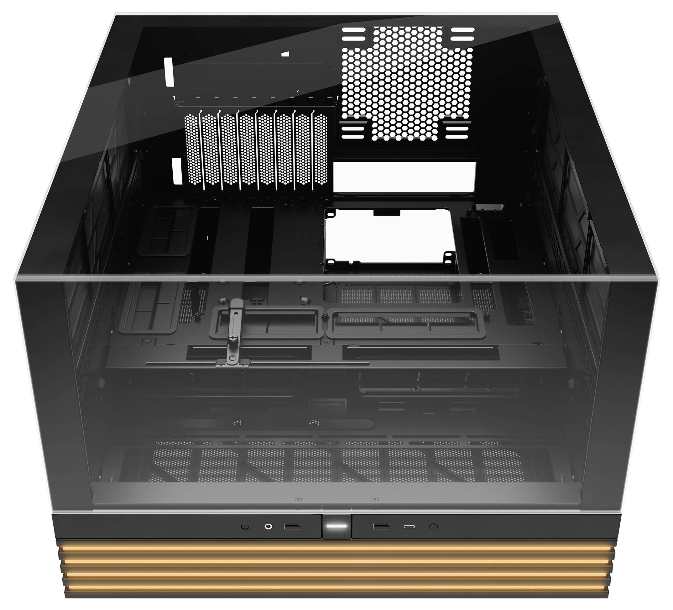 Un boîtier d'ordinateur vide, carré, vu de dessus, montrant des grilles de ventilation et plusieurs emplacements pour composants.