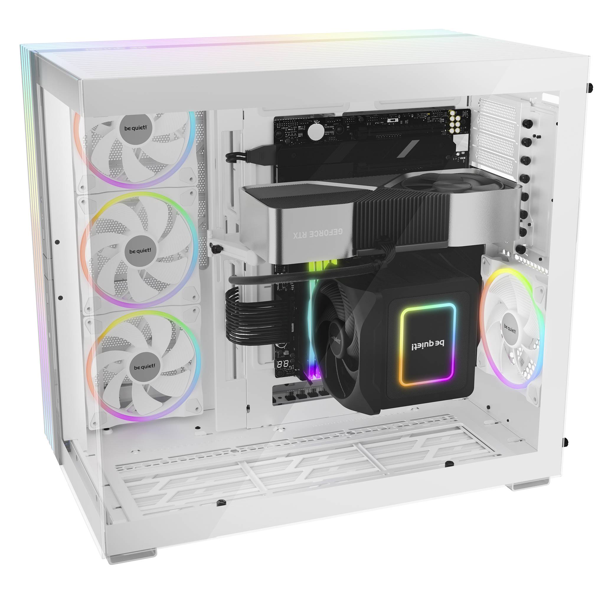 Un ordinateur blanc avec un boîtier ouvert montre ses composants internes : trois ventilateurs éclairés, une grande carte graphique et une gestion de câbles soignée.