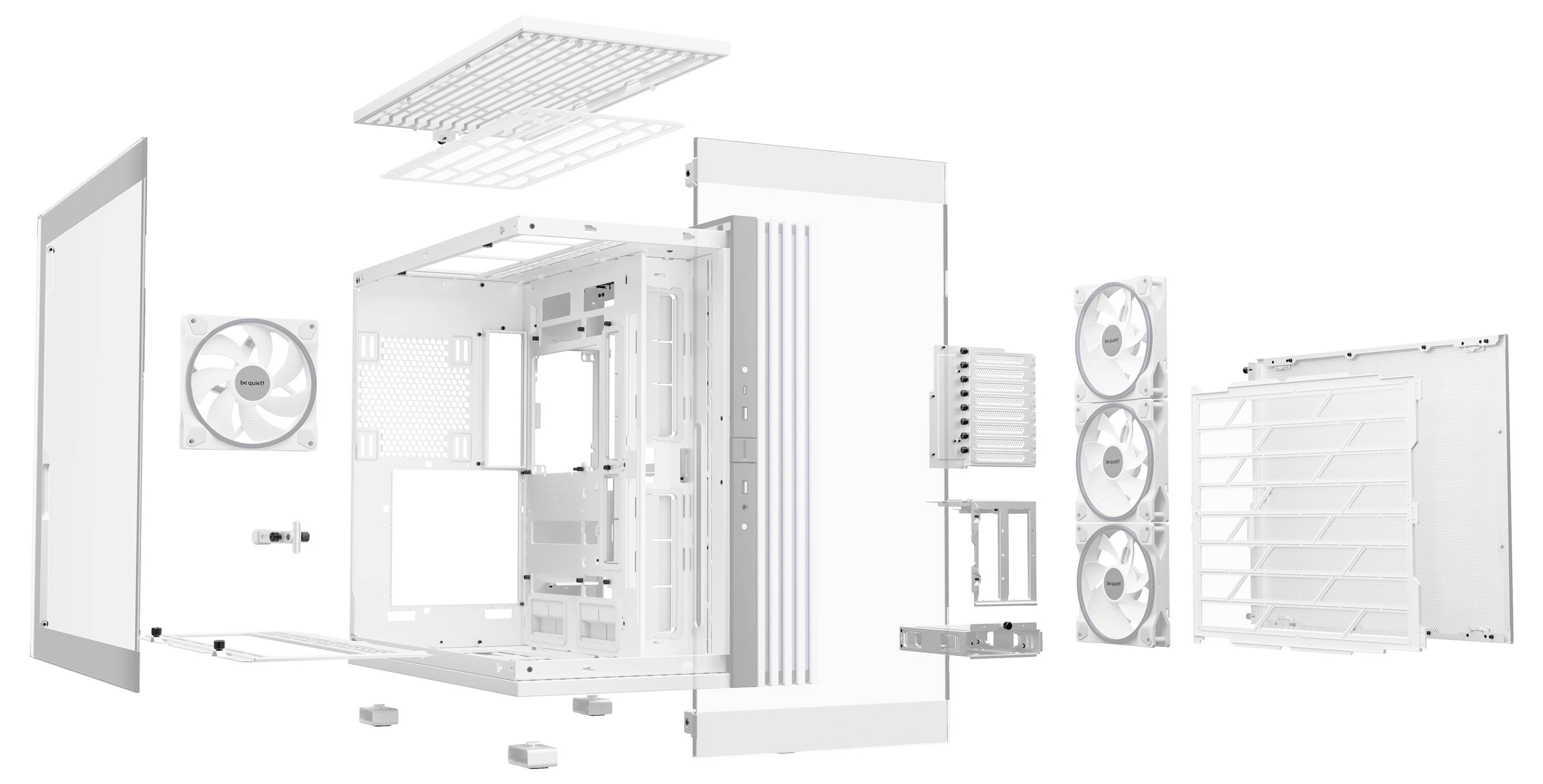 Vue éclatée d'un boîtier d'ordinateur avec tous ses composants tels que ventilateurs, panneaux latéraux et châssis, représentés en position séparée et étendue.