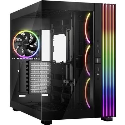 Un boîtier d'ordinateur avec une paroi latérale transparente et des bandes de LED RVB colorées. On peut voir les ventilateurs et l'espace intérieur pour les composants informatiques.