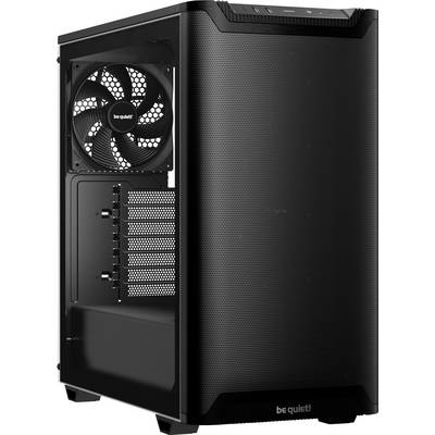 Boîtier d'ordinateur noir avec ventilateur latéral et plusieurs emplacements d'extension. Face avant en matériau grillagé pour une meilleure ventilation.