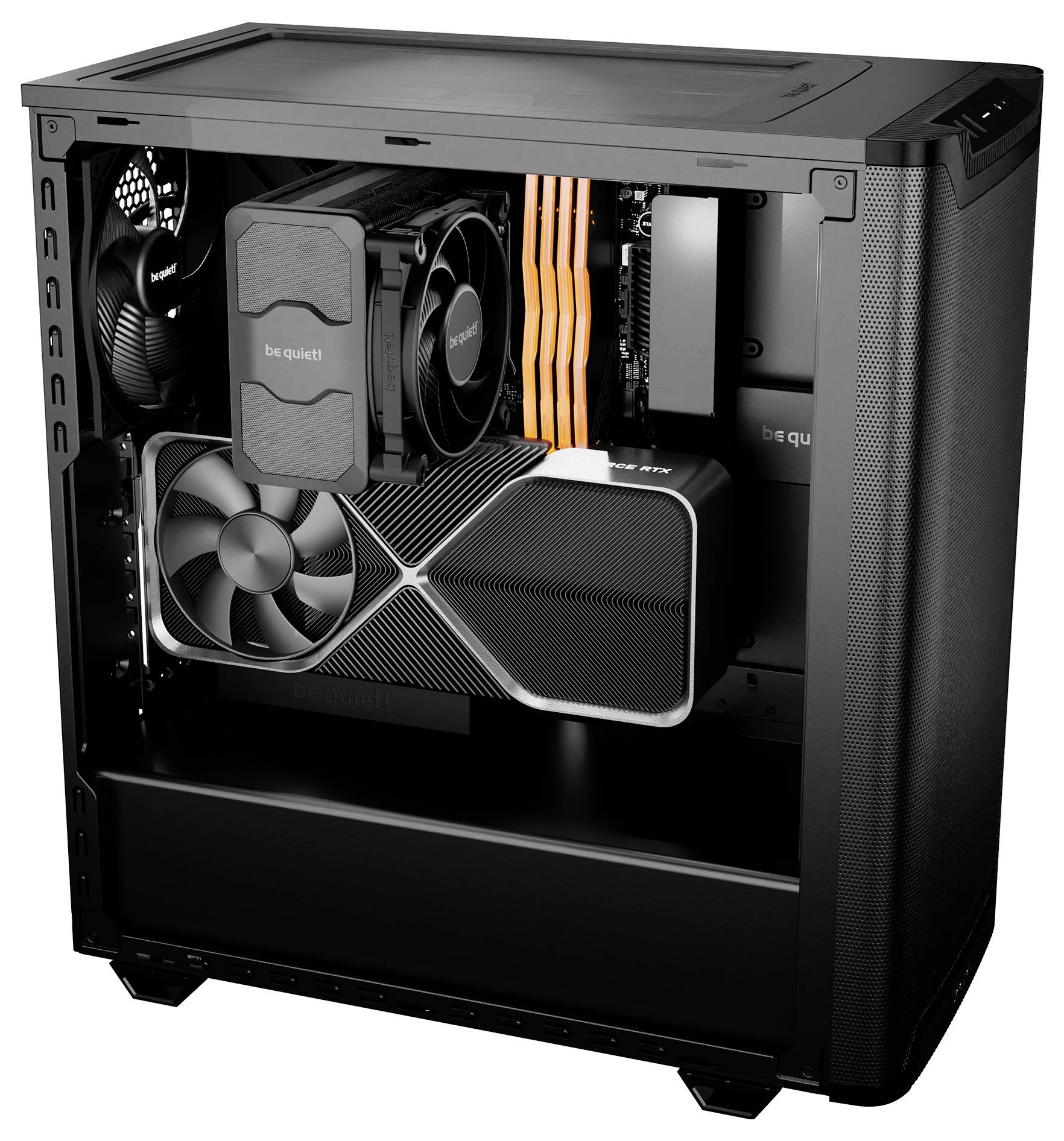 Un ordinateur ouvert avec une carte graphique performante, un ventilateur et des pads thermiques, montrant des composants matériels internes compactement assemblés.