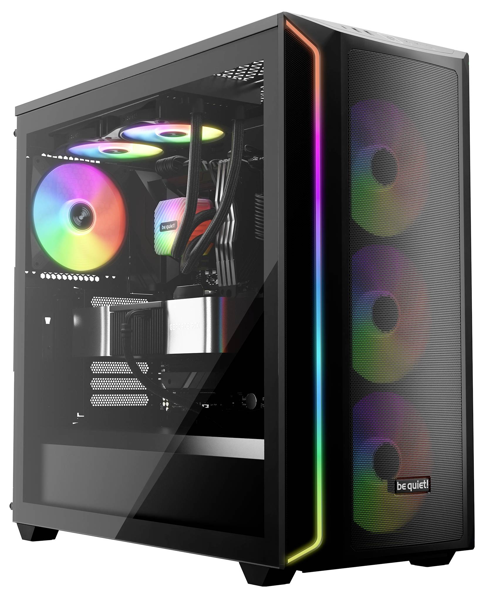 Un boîtier de PC gaming avec un panneau transparent révèle des ventilateurs colorés et lumineux. Offre un aperçu de l'aménagement intérieur RGB haute performance.