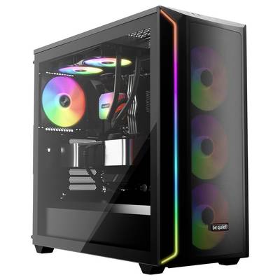 Un PC gaming moderne avec un boîtier transparent, des ventilateurs rétroéclairés RVB et le logo 'be quiet!', optimisé pour des performances élevées.