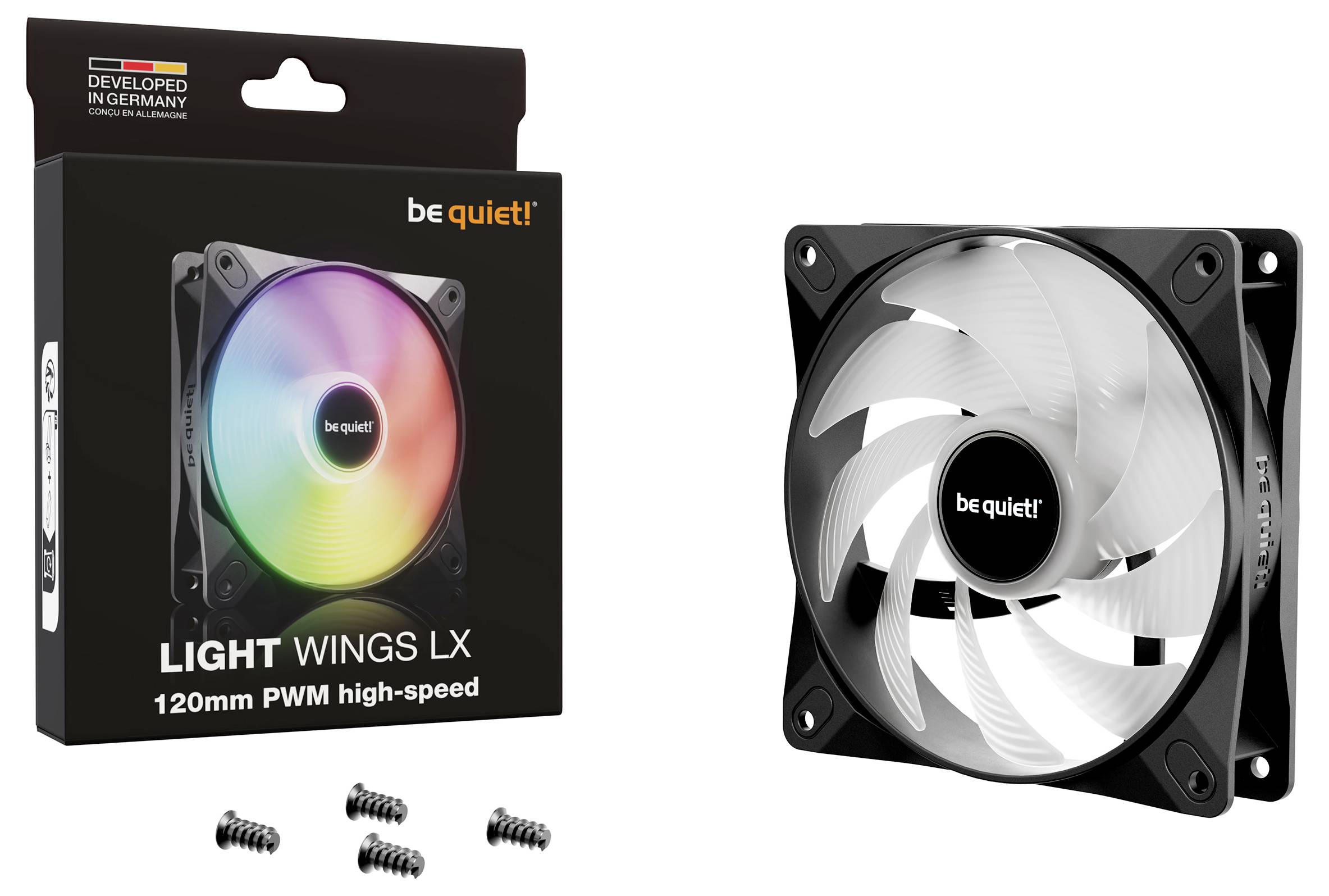 Refroidisseur d'ordinateur de 'be quiet!' avec éclairage RVB, modèle 'Light Wings LX' et ventilateur PWM haute vitesse de 120 mm. Emballage et vis illustrés.