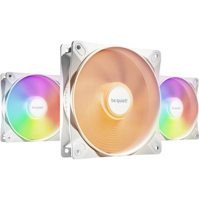 Trois ventilateurs de boîtier d'ordinateur de la marque 'be quiet!' en blanc, illuminés en couleurs RGB. Ils tournent, montrant leurs effets de vibration et de lumière.