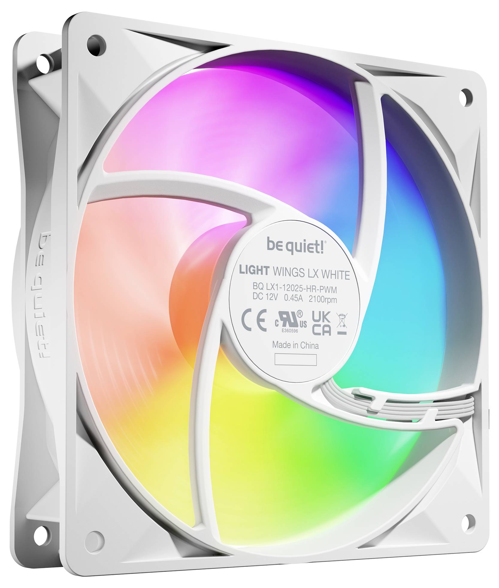 Ventilateur d'ordinateur 'be quiet! Light Wings' avec cadre blanc et éclairage LED multicolore. Génère une circulation d'air pour le refroidissement.