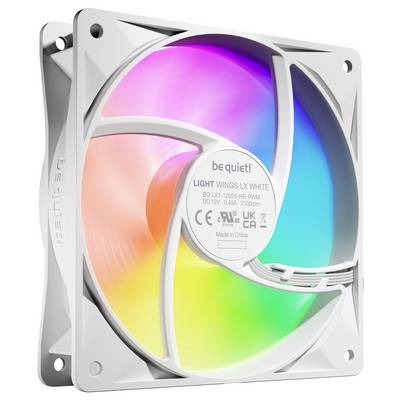 Ventilateur d'ordinateur 'be quiet! Light Wings' avec cadre blanc et éclairage LED multicolore. Génère une circulation d'air pour le refroidissement.