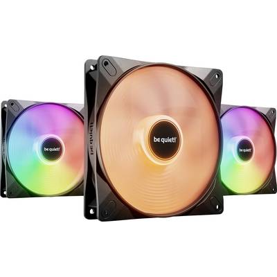 'Trois ventilateurs d'ordinateur be quiet! avec éclairage RVB ; le ventilateur au premier plan brille en orange, les deux autres présentent un jeu de couleurs.'