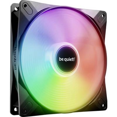 Un ventilateur de PC avec éclairage RVB et l'inscription 'be quiet!' au centre, présente un dégradé de couleurs allant du bleu au vert, puis au rouge.