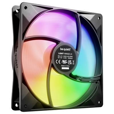 Un ventilateur PC de be quiet! avec des LED RVB colorées. Texte sur le ventilateur : 'Light Wings LX' avec spécifications et certifications.