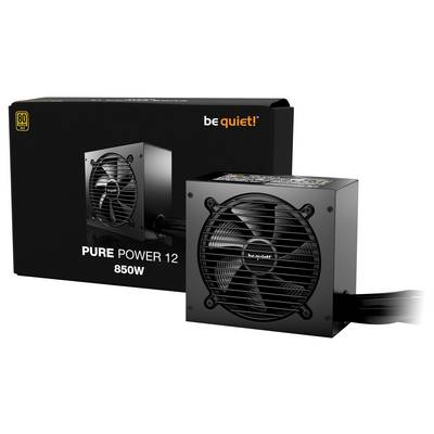 Bloc d'alimentation 'be quiet! Pure Power 12' 850W, design noir, présenté devant son emballage. Certifié économe en énergie 80 Plus Gold.