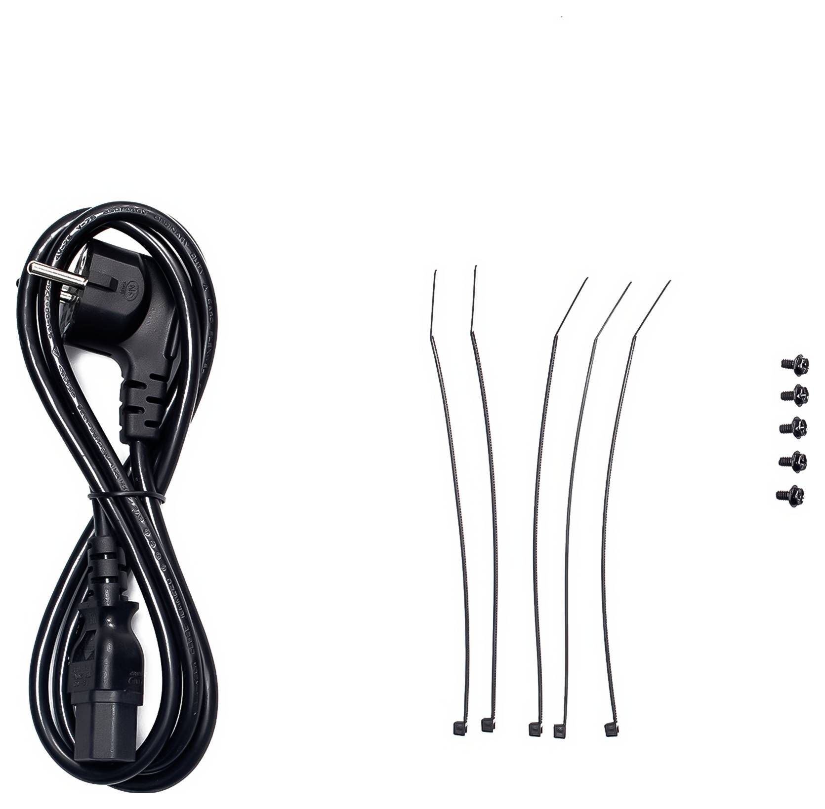 Câble réseau noir, quatre attaches de câble et cinq petites vis sur fond blanc. Accessoires pour appareils électroniques.