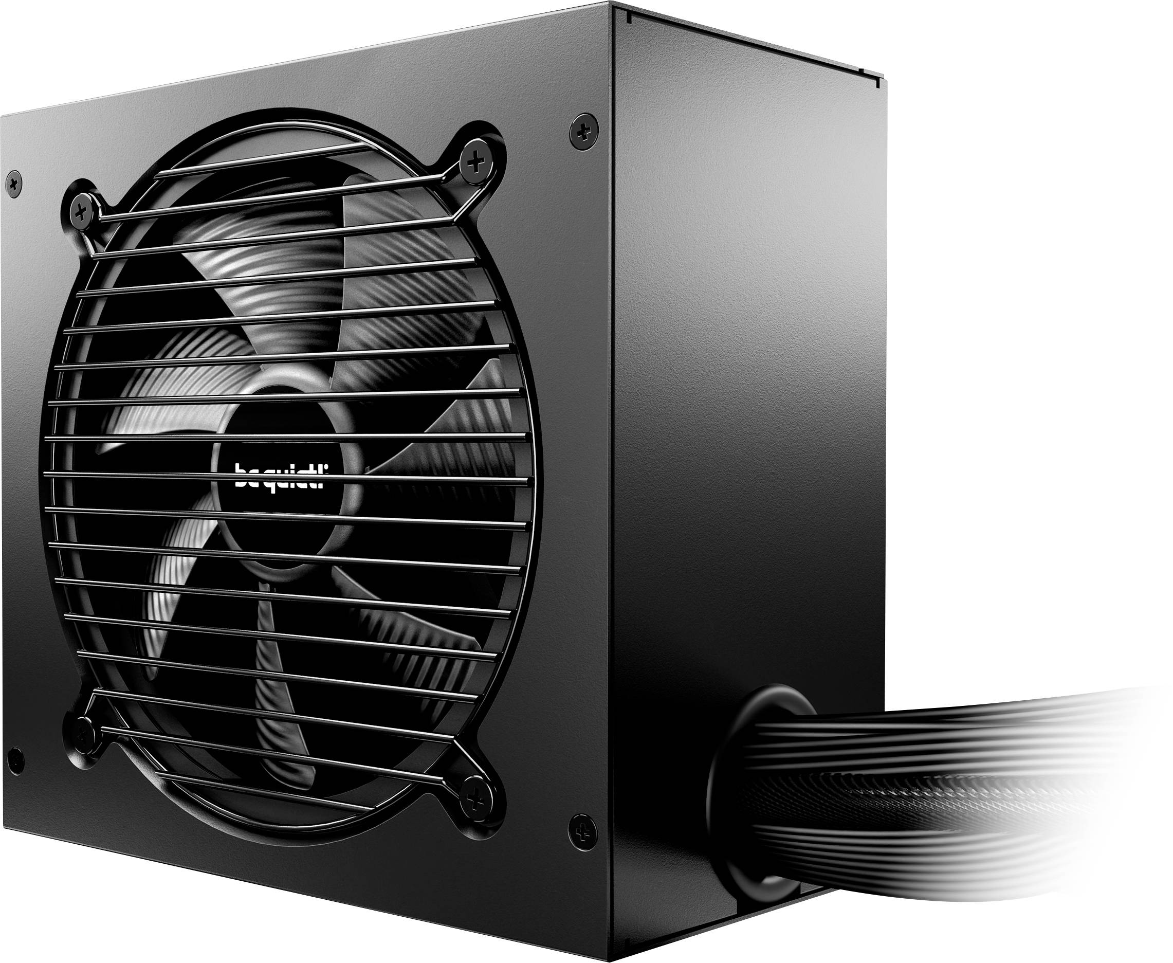 Bloc d'alimentation PC noir avec ventilateur, faisceau de câbles sur le côté droit. Logo de la marque 'be quiet!' visible sur la grille du ventilateur.