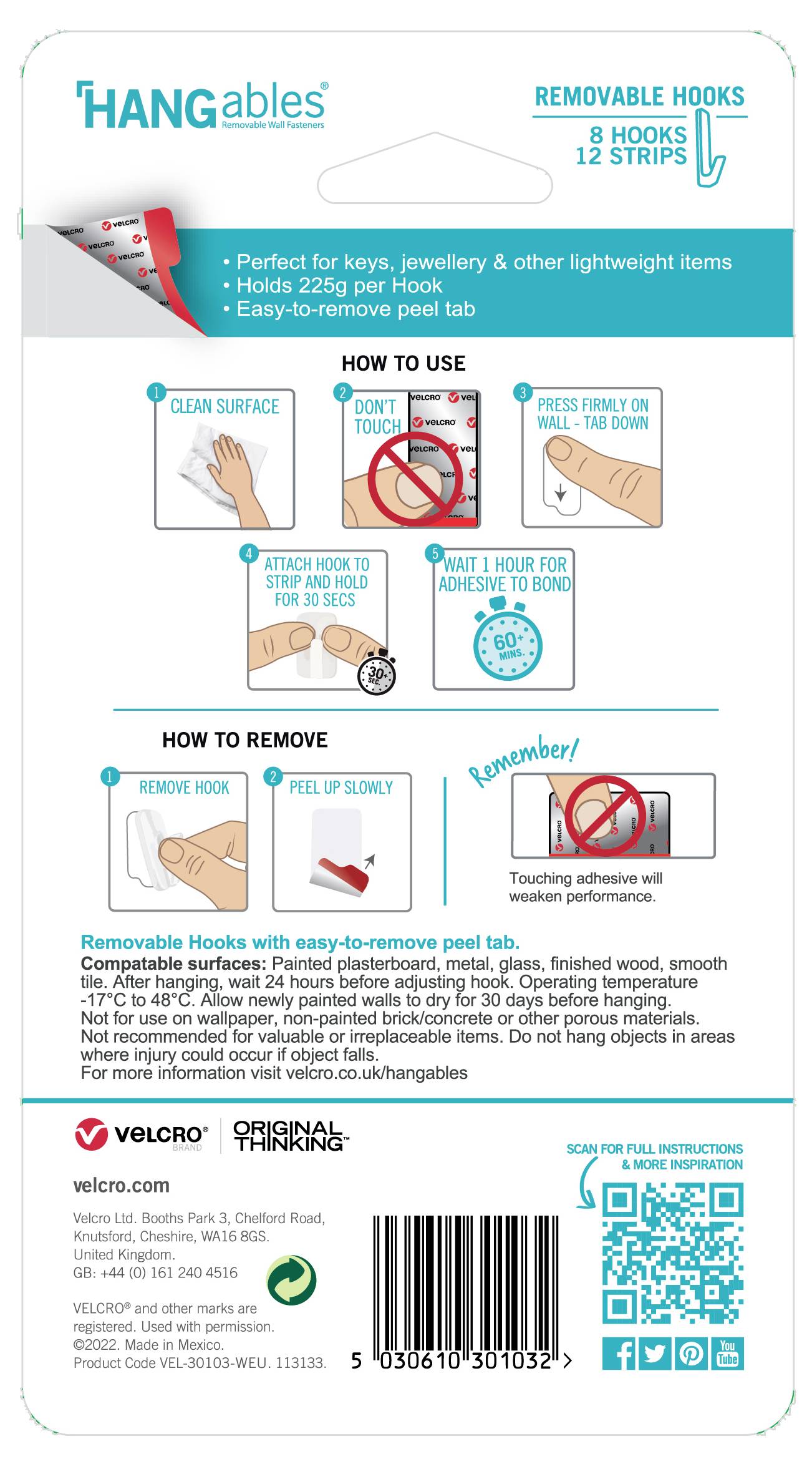 Côté arrière d'un emballage avec instructions pour l'utilisation de crochets amovibles. Présente des exemples d'utilisation, des conseils d'application et des coordonnées de contact.