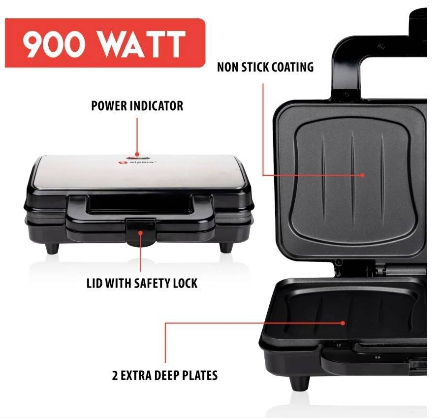 Un sandwich-maker de 900 watts, avec revêtement anti-adhésif, verrouillage de sécurité, écran d'alimentation et deux plaques profondes.