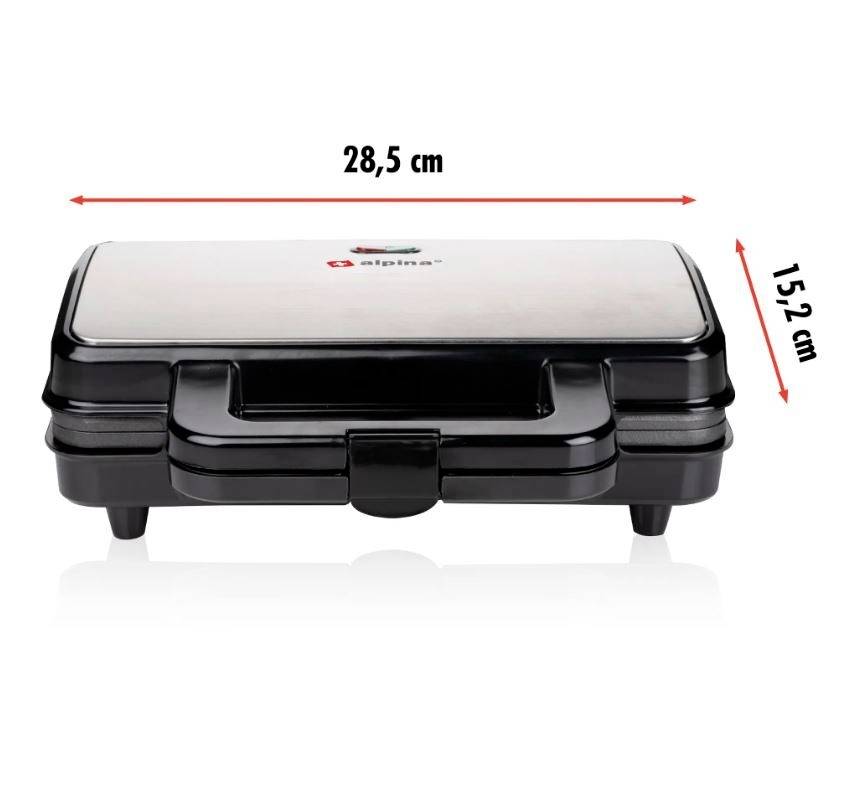 Appareil à sandwich électrique fermé, largeur 28,5 cm, profondeur 15,2 cm. Boîtier noir avec surface en acier inoxydable sur le couvercle.
