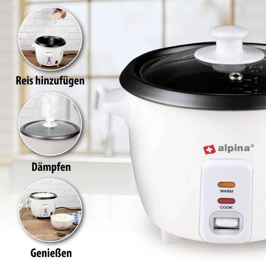 Cuiseur de riz en trois étapes : ajouter du riz ; couvrir et faire cuire à la vapeur ; servir le riz cuit.