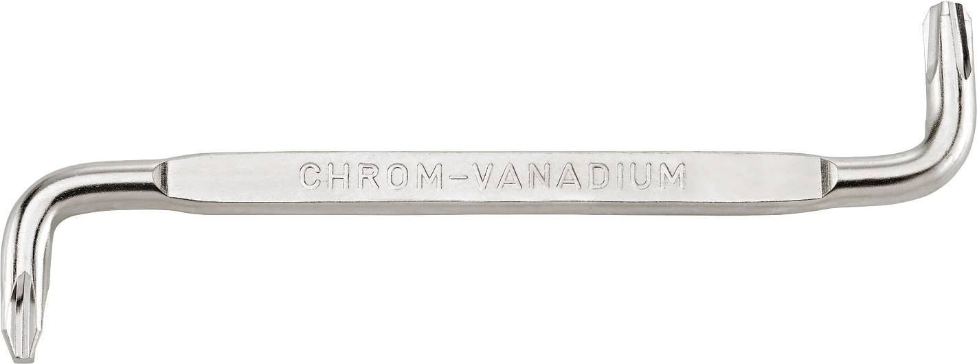 Clé double Torx en chrome-vanadium argenté, avec extrémités coudées, utilisée pour desserrer ou serrer des vis et des écrous.
