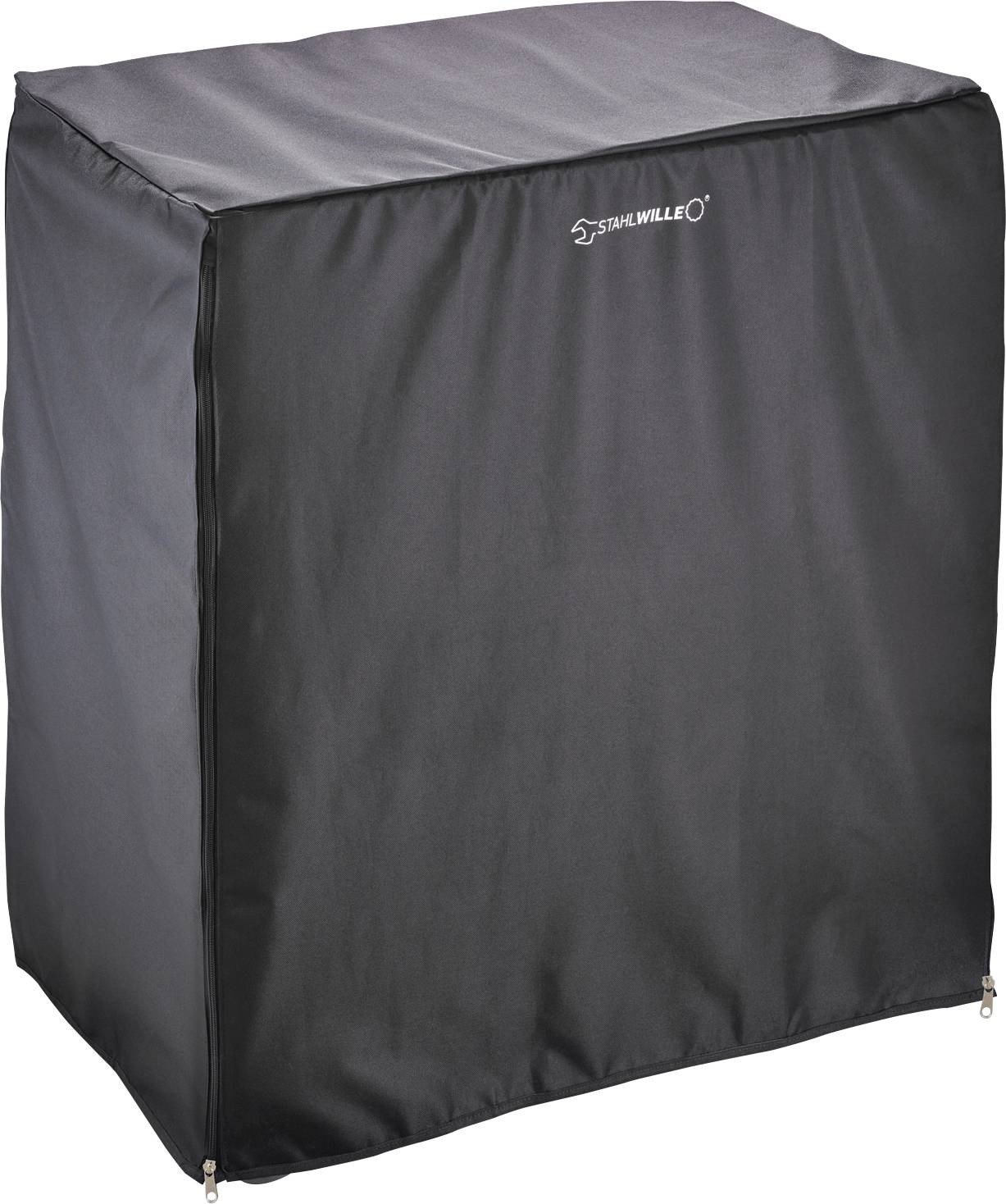 Housse de protection noire pour équipement de jardin, debout. Housse en matériau résistant aux intempéries avec petit logo en haut.