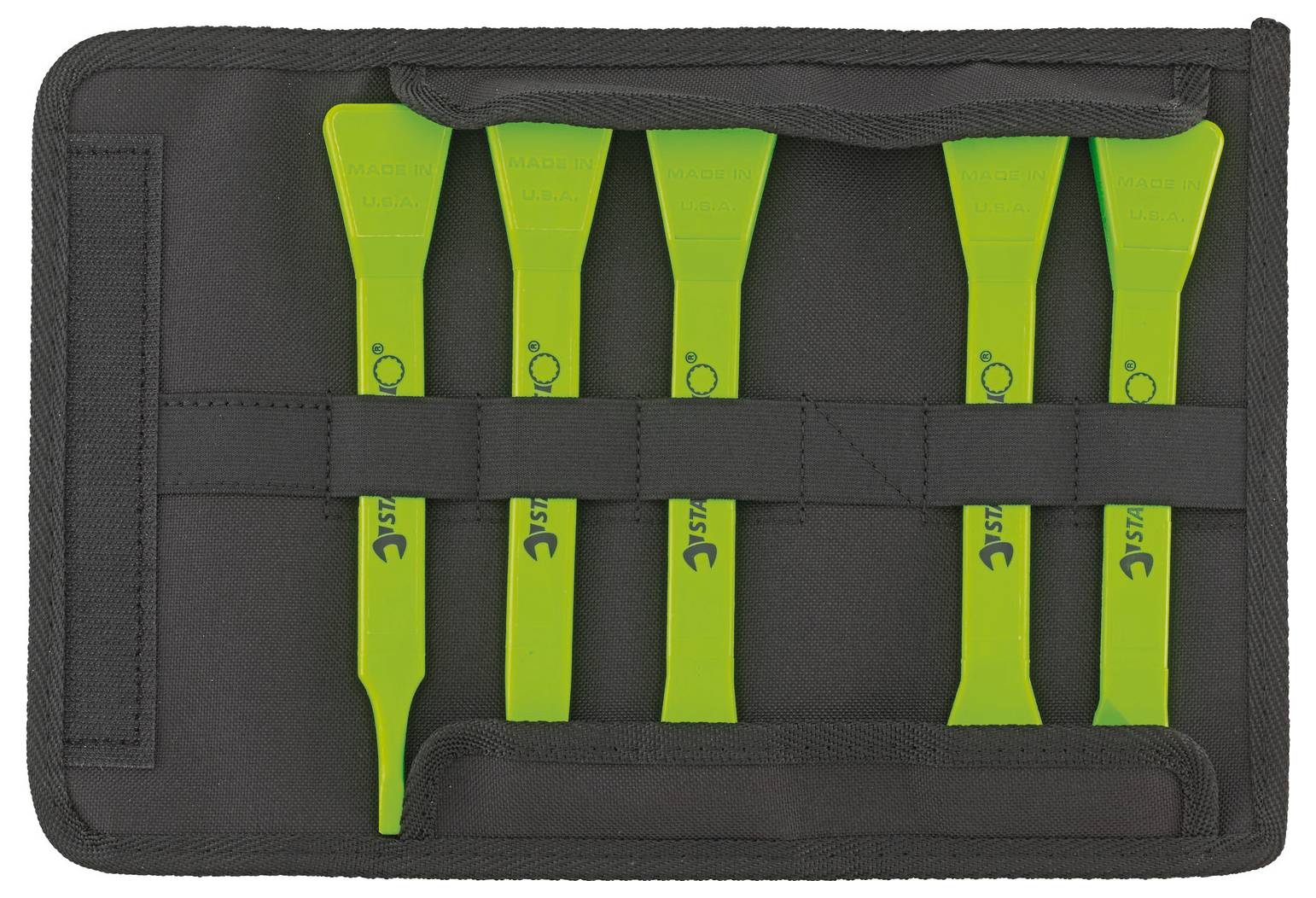 Un ensemble de cinq outils de calage en plastique vert, rangés dans une pochette en tissu noir, destinés à des réparations ou des assemblages.