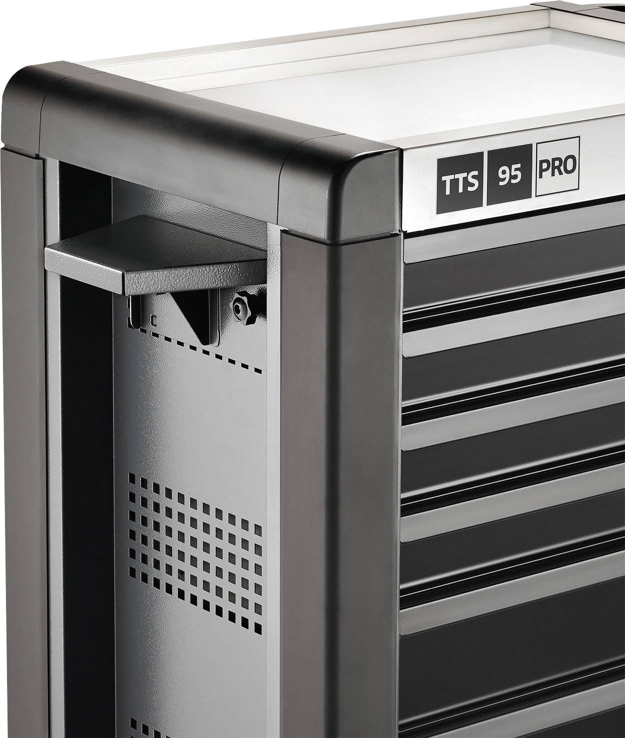 Armoire à outils noire avec plusieurs tiroirs, poignée latérale et inscription 'TTS 95 PRO' en haut à droite.