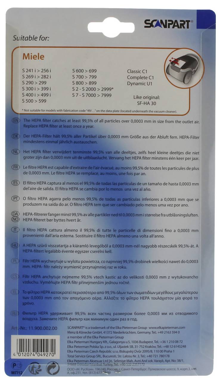 'Scanpart' Emballage de filtre d'aspirateur pour modèles Miele, liste des modèles en haut à gauche. Image du filtre en haut à droite. Texte sur la filtration HEPA et les tailles de particules au centre.