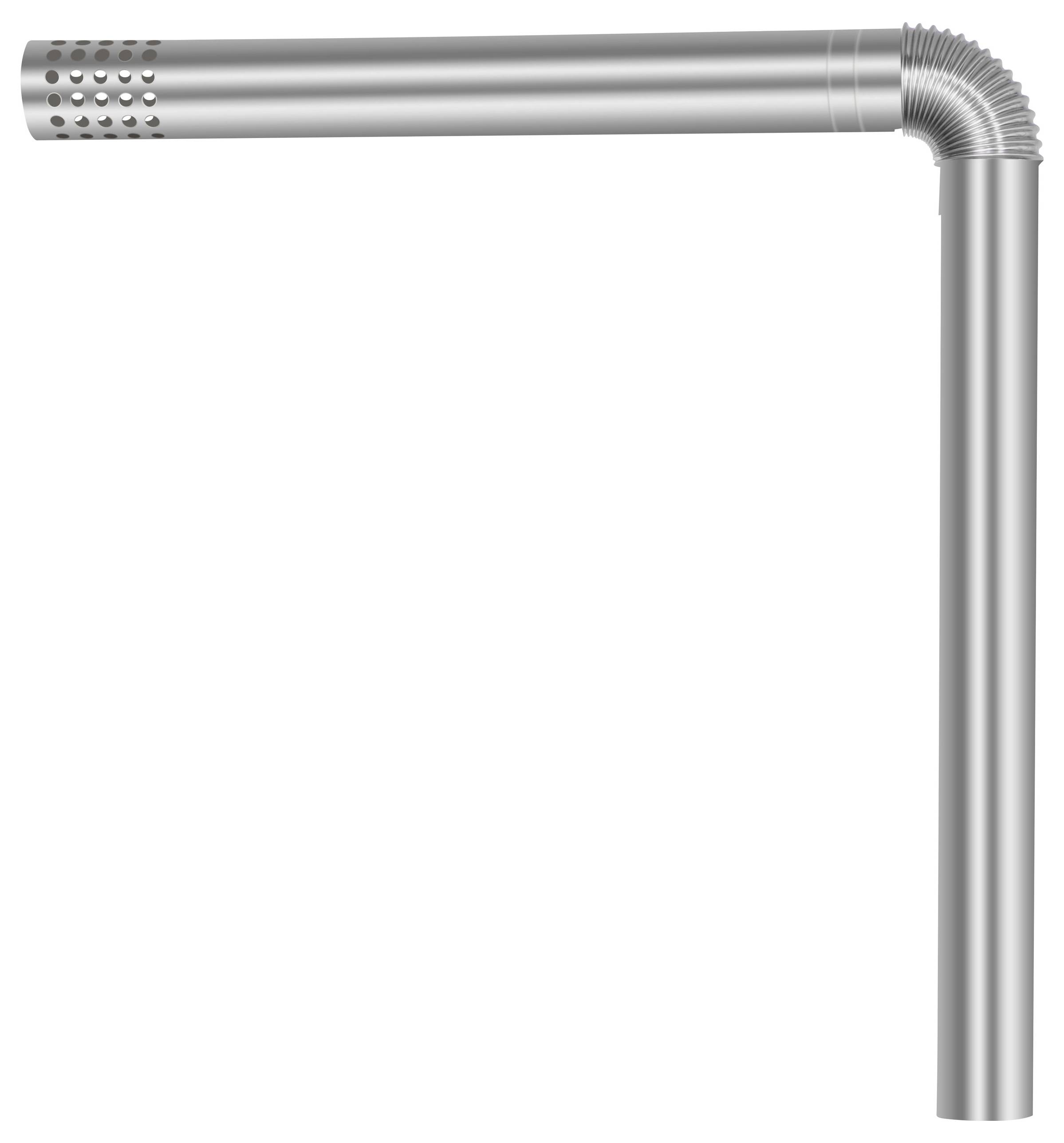 Un conduit de ventilation métallique à configuration en L, comportant des perforations sur une extrémité, conçu pour la circulation ou l'évacuation de l'air.