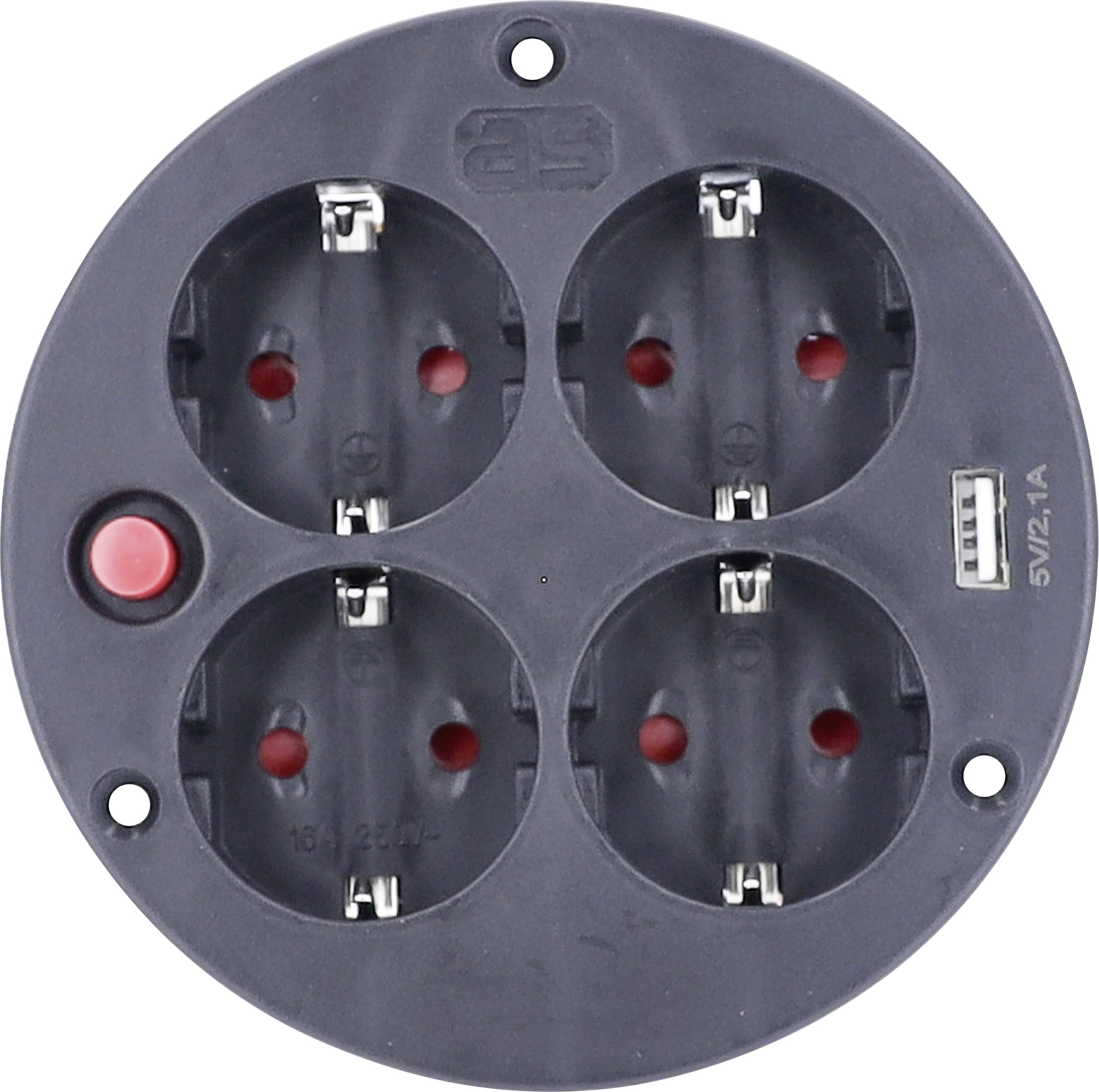 Multiprise ronde noire avec quatre prises Schuko, un port USB et un interrupteur à bascule rouge sur la gauche.