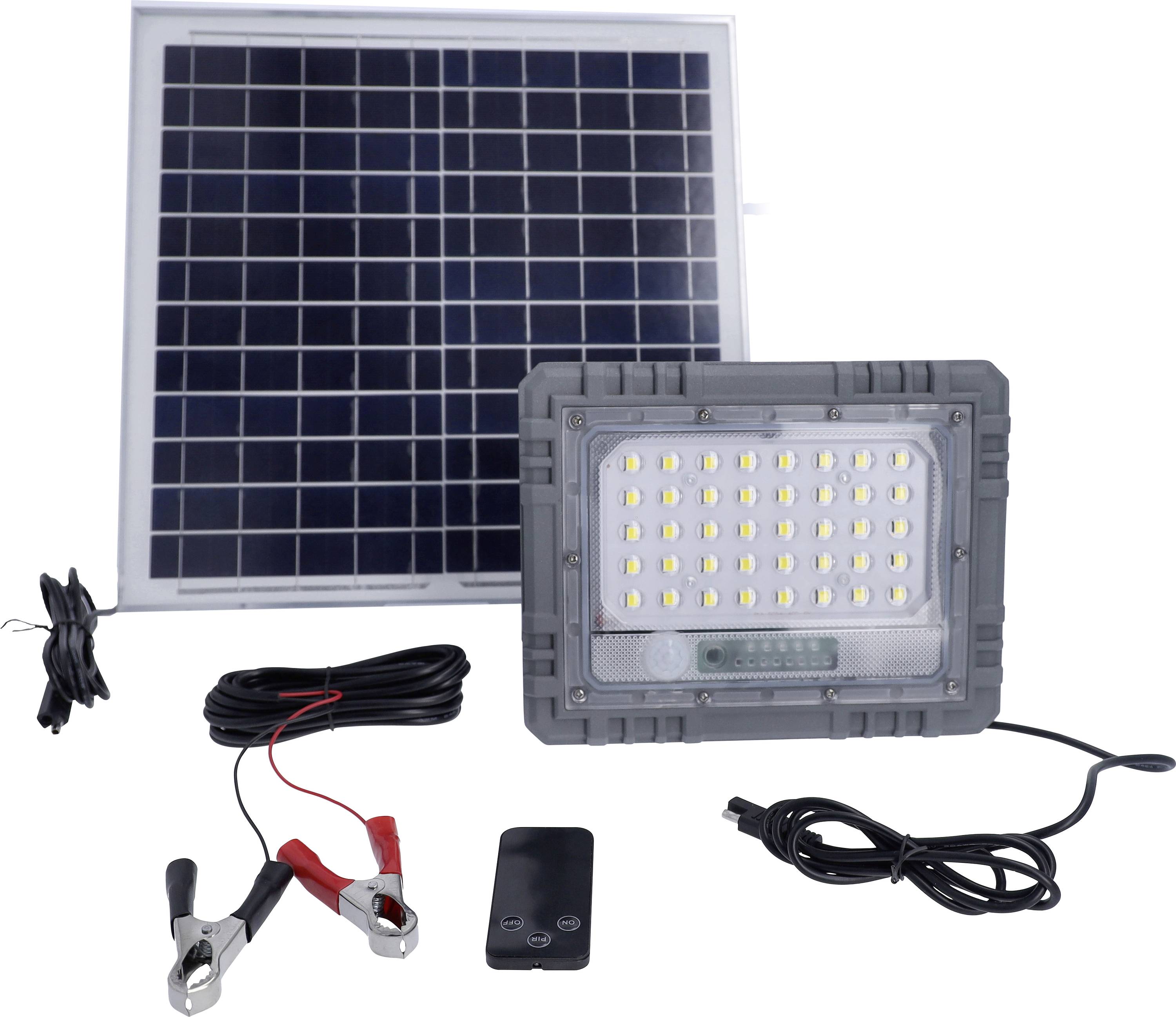 Ensemble de lampe solaire avec panneau solaire, lampe LED, câbles, clips et télécommande. Idéal pour un éclairage extérieur écologique.