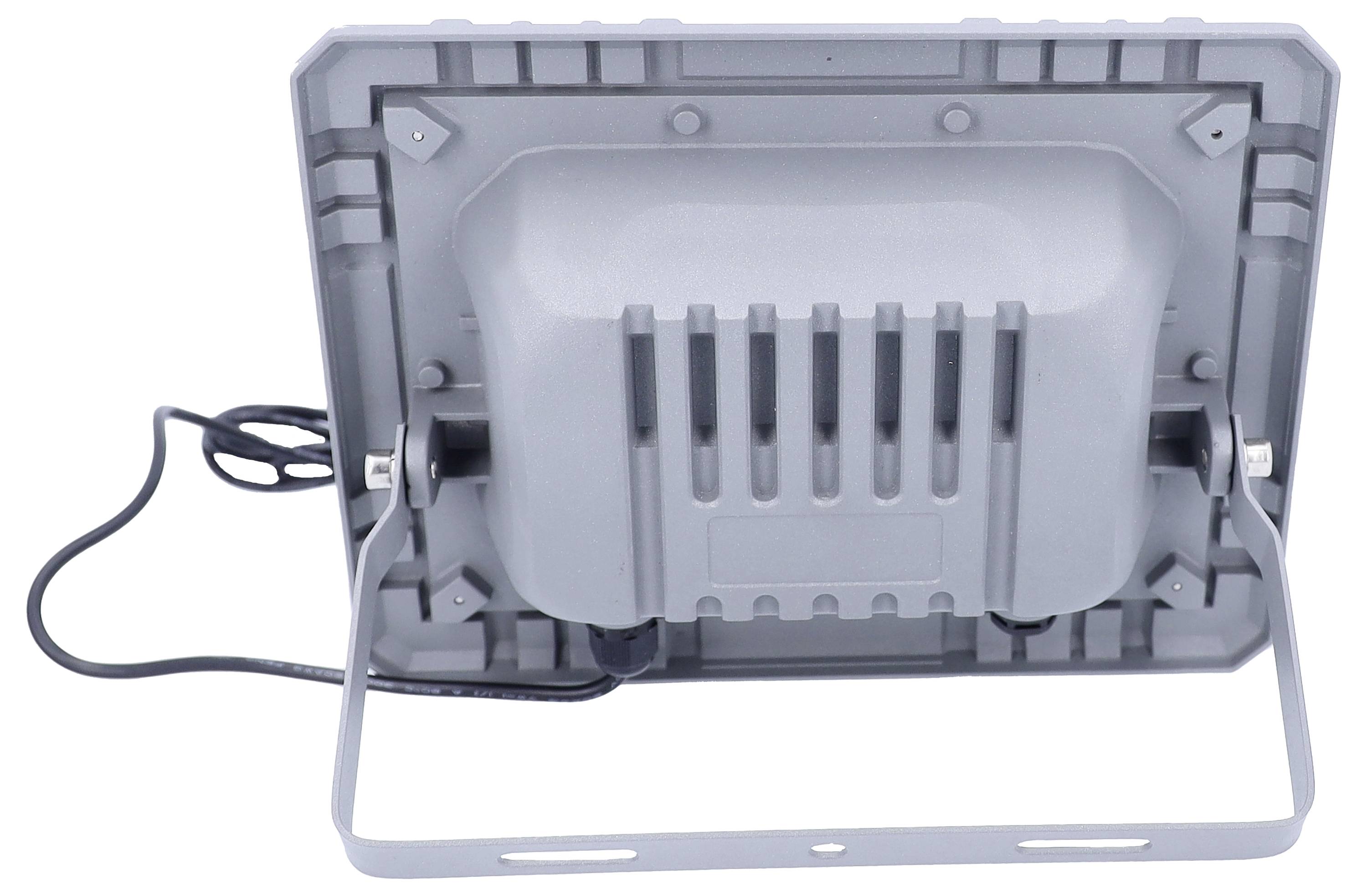 Support de projecteur LED rectangulaire gris, vue arrière. Le cadre de montage et les éléments de fixation sont visibles.