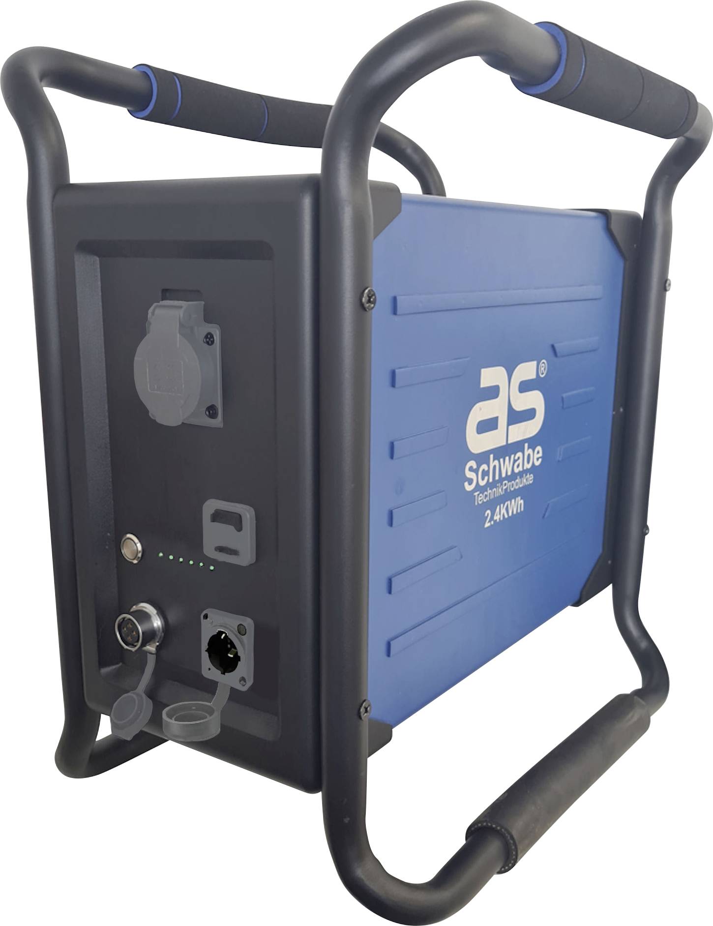 Générateur électrique portable d'AS Schwabe, boîtier bleu, indicateur LED, connexions pour alimentation électrique. Capacité : 2,4 kWh.
