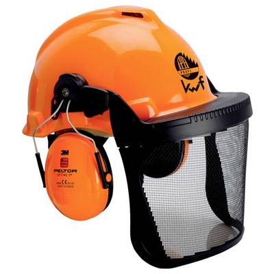 Un casque de sécurité orange avec écran facial et protection auditive, adapté aux travaux forestiers, affiche le logo du KWF sur le côté.