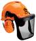 Un casque de sécurité orange avec écran facial et protection auditive, adapté aux travaux forestiers, affiche le logo du KWF sur le côté.