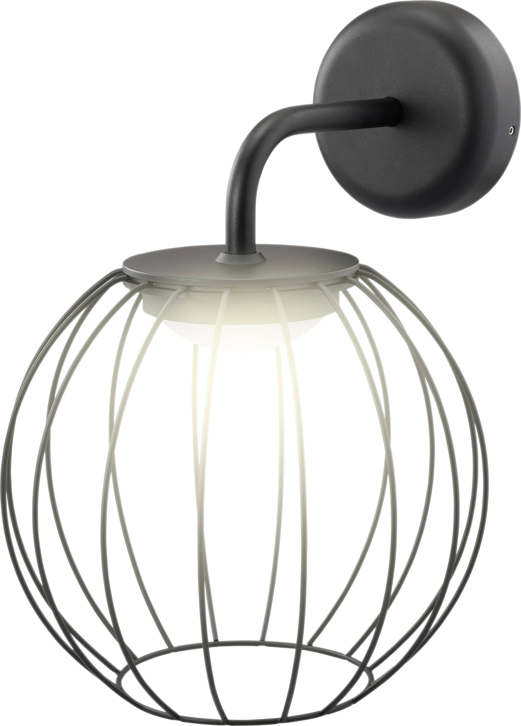 Une lampe murale moderne au design sphérique à fil ouvert, diffusant une lumière douce et chaleureuse depuis l'ampoule à l'intérieur.