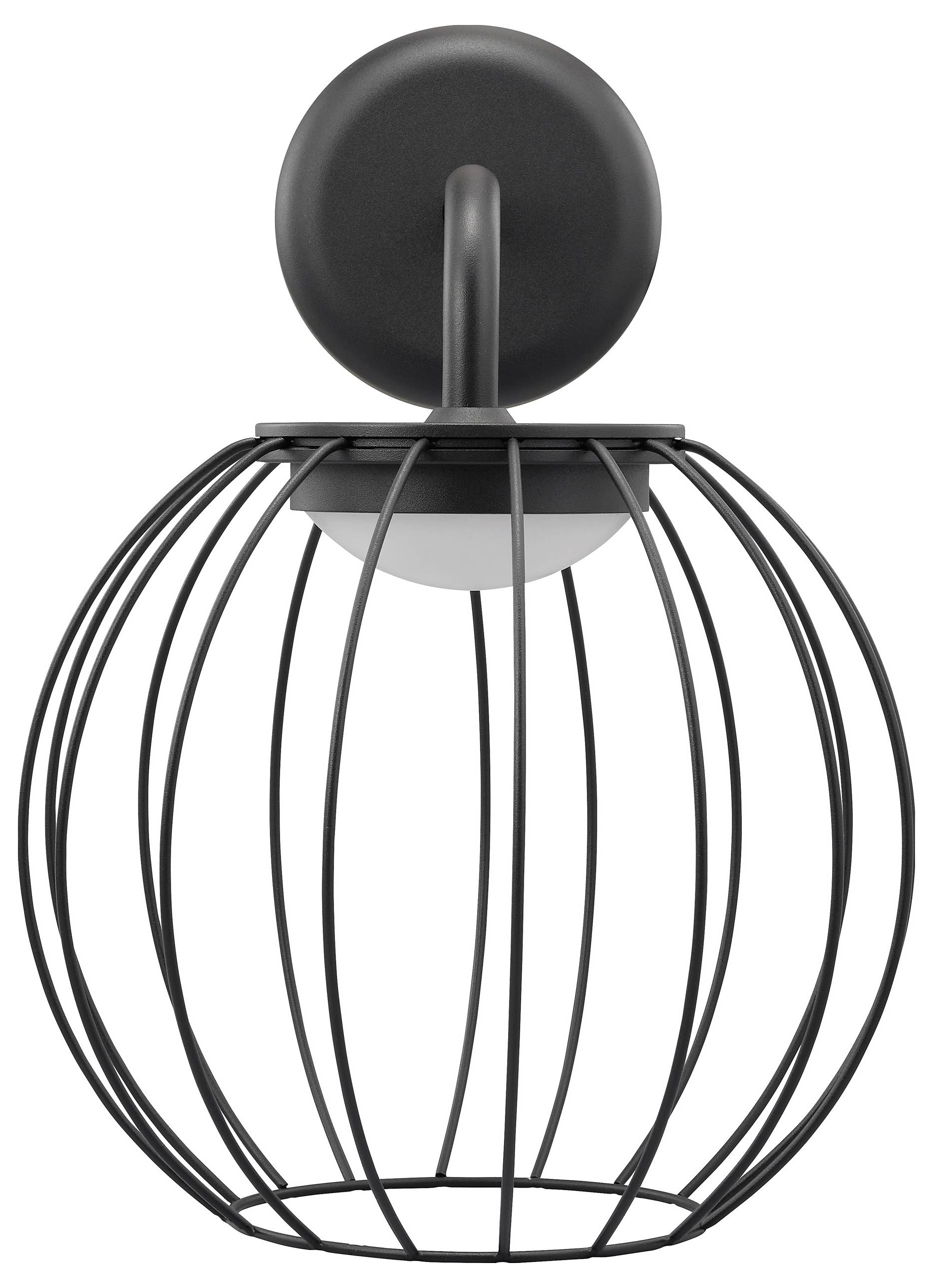 Un applique murale extérieure moderne noir, avec une base ronde et un design en forme de cage enveloppant un luminaire, adapté à une décoration contemporaine.