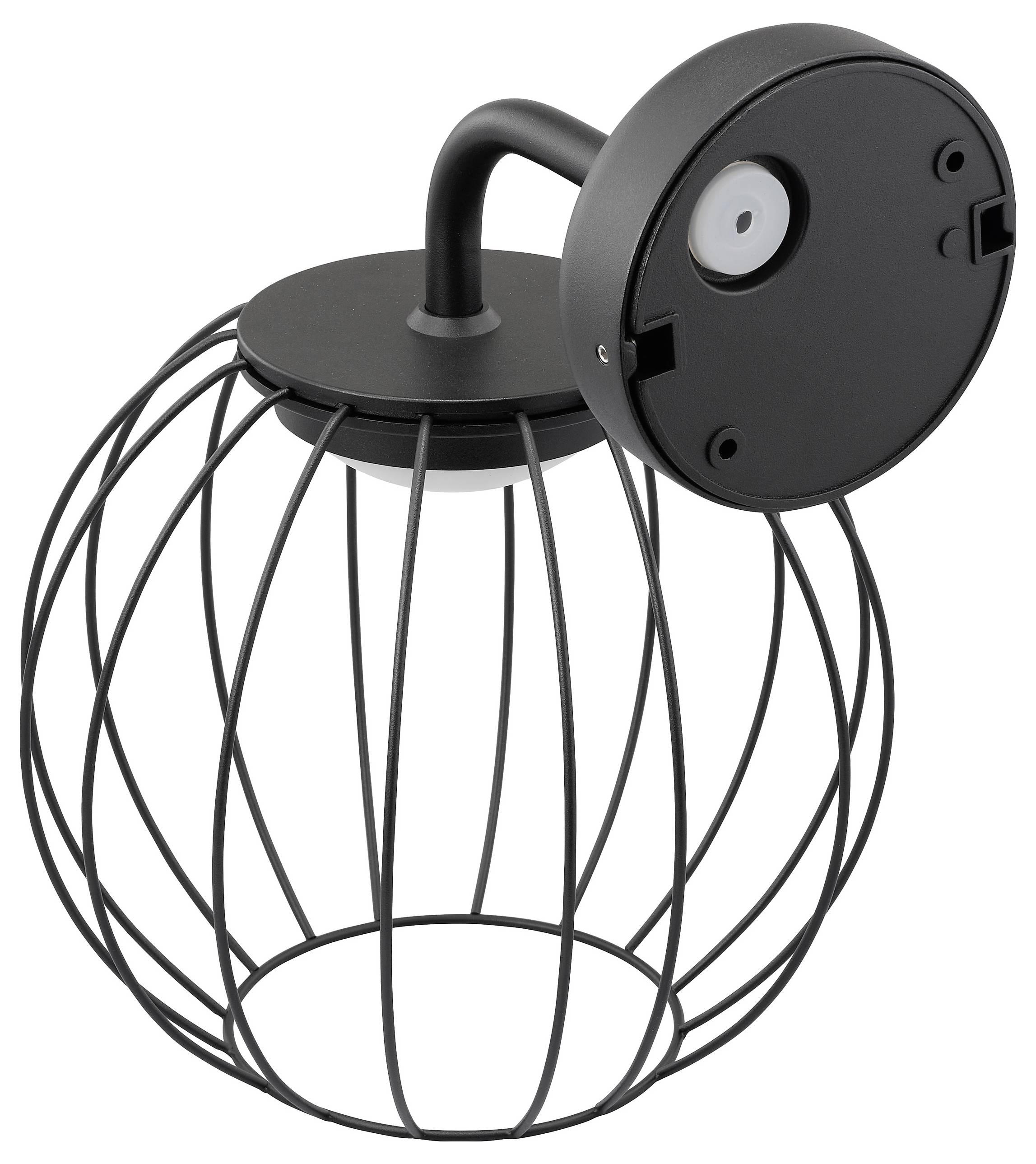 Un luminaire noir de style cage, avec une base de montage ronde, vu de côté, révélant sa conception ouverte et son support d'ampoule.