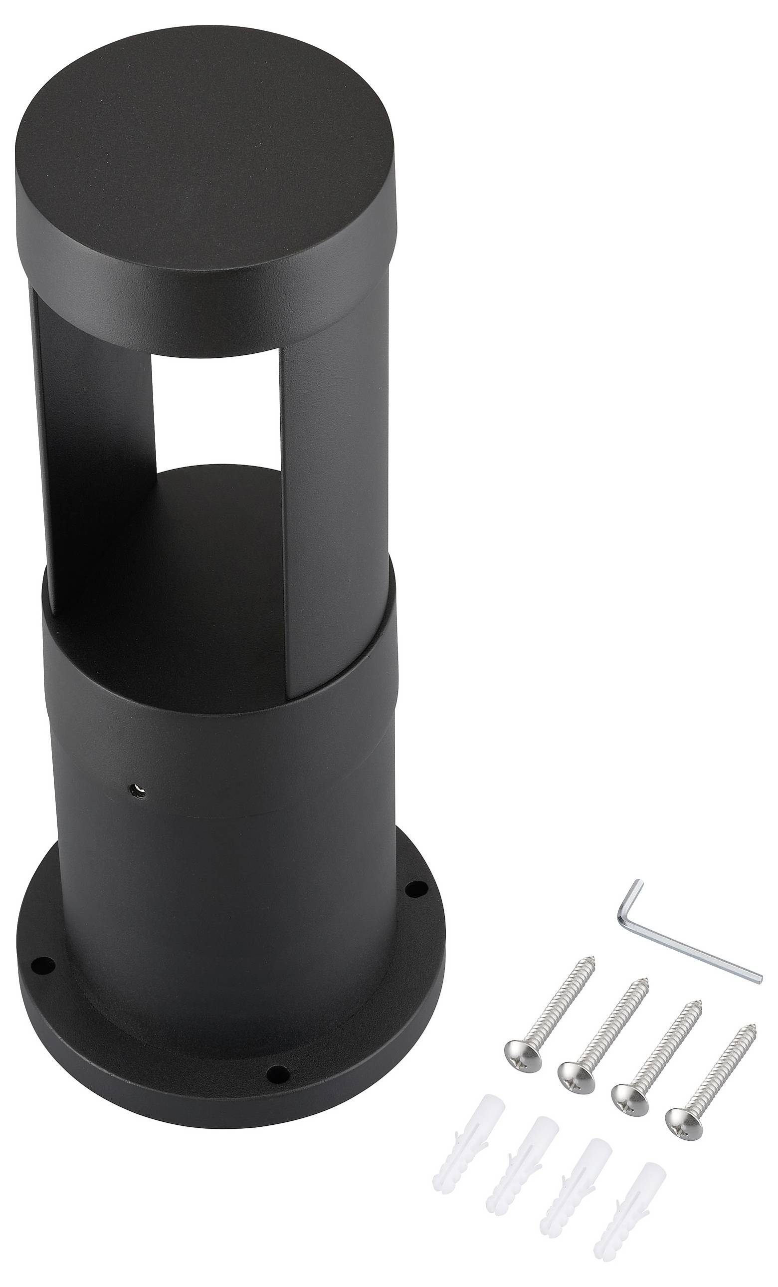 Un luminaire cylindrique noir en métal, conçu pour une installation au sol, comprend des vis, des chevilles murales et une clé Allen pour l'assemblage.