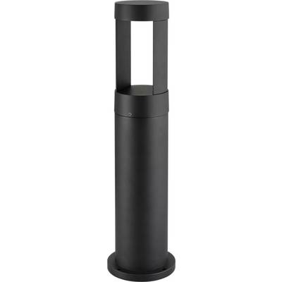Une borne d'éclairage extérieure moderne élégante, de couleur noire, à la forme cylindrique et à sommet ouvert, conçue pour un éclairage paysager contemporain.