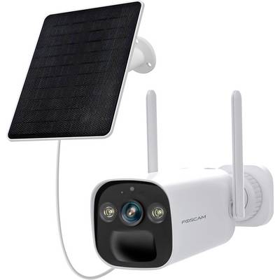 Caméra extérieure noir et blanc avec panneau solaire et deux antennes. Elle est adaptée à la surveillance des zones extérieures.