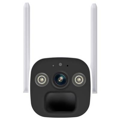 Caméra de surveillance avec deux antennes et objectifs en vue de face.