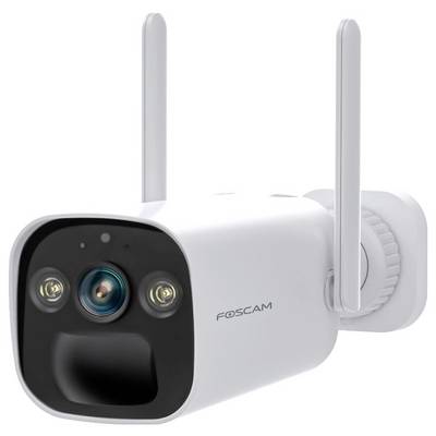 Caméra de surveillance Foscam avec deux antennes. Elle est rectangulaire, blanche et adaptée à un montage mural.